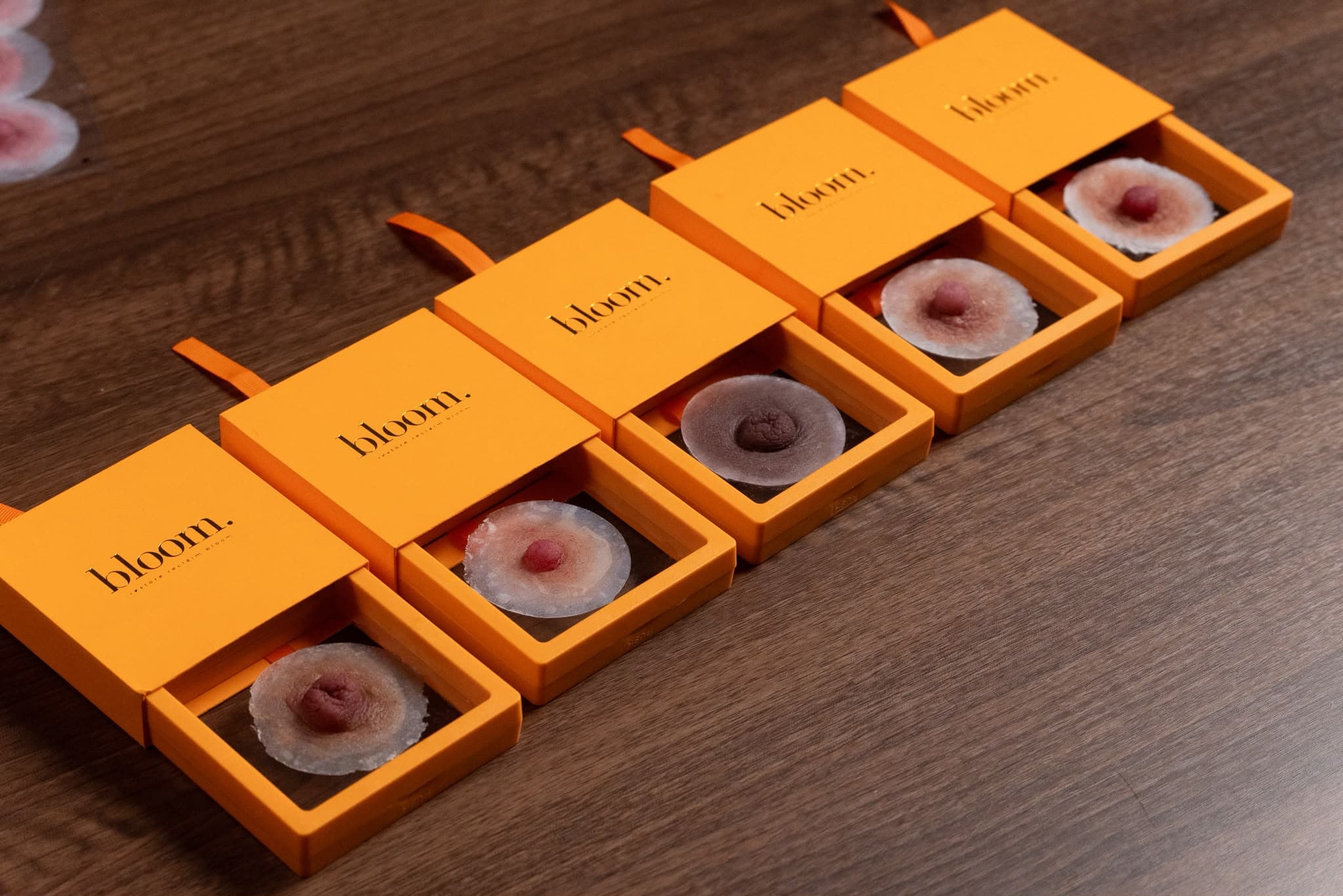 Five Bloom pieces, from fair to deep, each in the open drawer of its marigold box, in a row on dark wood.